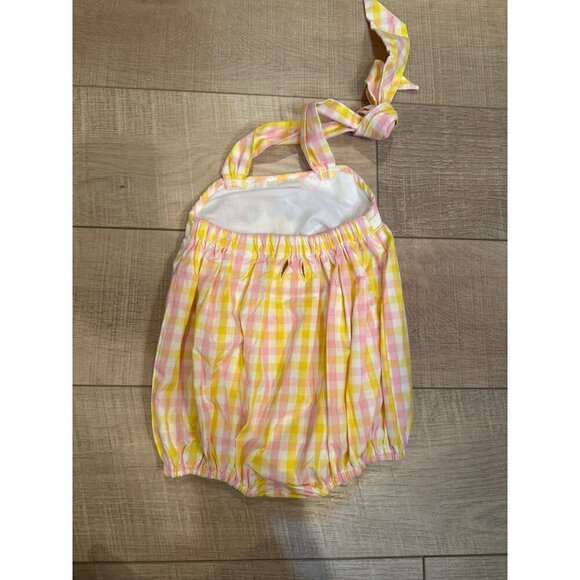 Smocked Or Not Baby Romper 12M Pink & Yellow Gingham With Rainbow Clouds Embroid - Picture 3 of 6